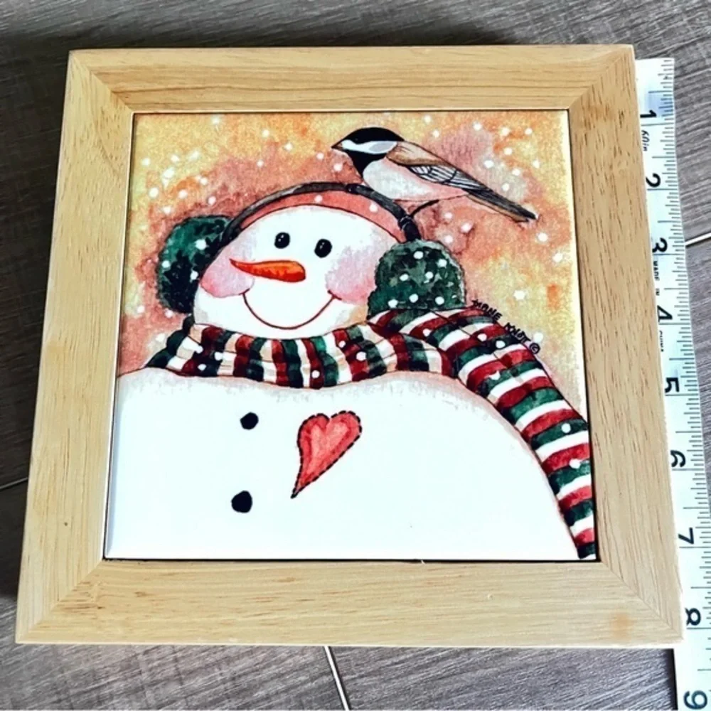 Snowman Ceramic Tile Hot‎ Plate Trivet Wood Frame Border Christmas Diane Knott